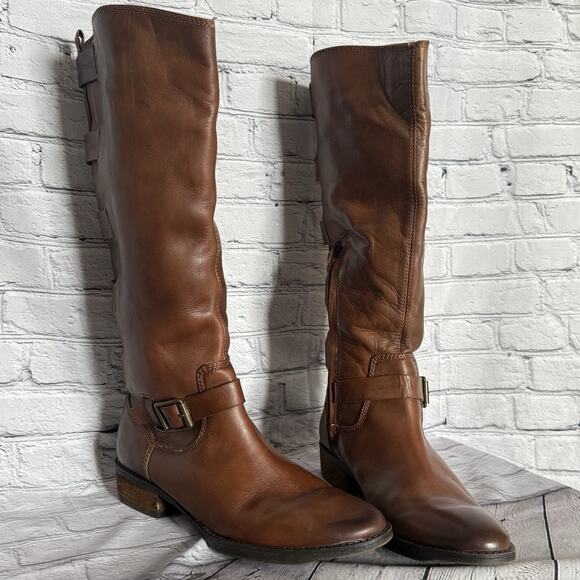 ARTURO CHIANG Brown Leather Tall Heeled Boots Riding Size 9 Stacked Heel - Picture 7 of 11